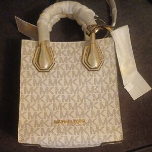 Michael Kors Cream and Gold Tote Bag with Monogram Design